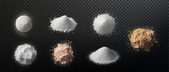 Design element for kitchen, bakery, advertising, video. Powder sugar explosion or splash png, falling flour, salt powder falling gently. Top view 3d effect	

