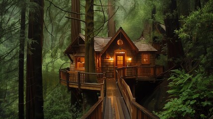 A cozy treehouse retreat nestled among the branches of towering redwoods in a tranquil forest.