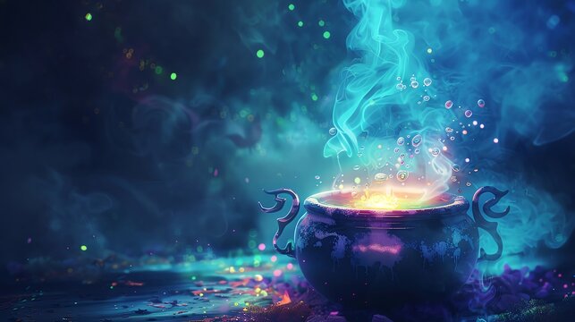Bubbling Cauldron with a Glowing Magic Potion, creating a scene of mystical brewing and alchemy