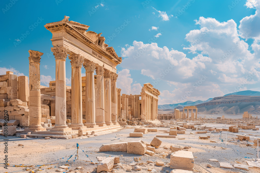 Sticker Ruins of the ancient city of Palmyra. A clear blue sky and clouds.