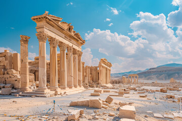 Obraz premium Ruins of the ancient city of Palmyra. A clear blue sky and clouds.