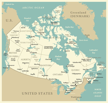 Canada - detailed map with administrative divisions and capitals of countries. Vector illustration