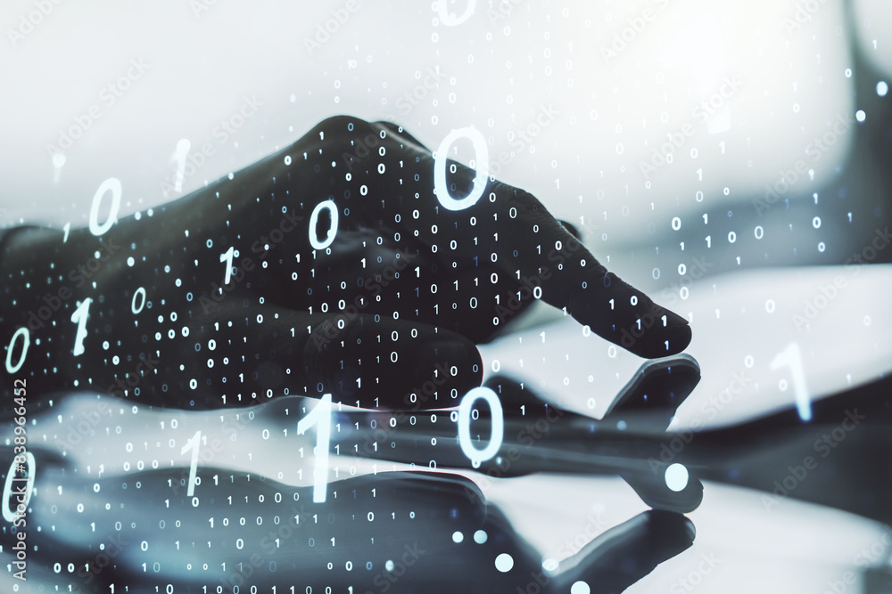 Aufkleber double exposure of creative abstract binary code hologram and finger clicks on a digital tablet on b