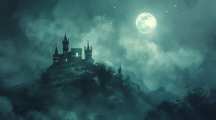 Fototapeta premium Enchanted Magic Castle on a Hill glowing under the moonlight, surrounded by a magical aura