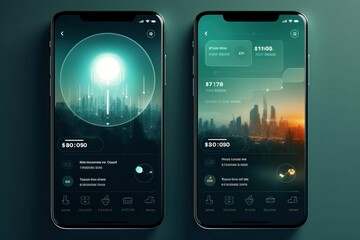 Dual smartphones showing an advanced user interface with urban skyline graphics under a glowing moon