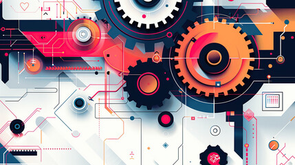Obraz premium abstract vector illustration of gears and tech elements on a white background, with a pink
