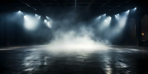 Fototapeta premium Dark room with concrete floor fog and spotlight night street background. Concept Urban Street Photography, Night Scene, Spotlight Effects, Atmospheric Portraits, Concrete Jungle