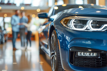 A blue car sits in a dealership showroom, with the front end in focus. Blurred figures stand in the background, suggesting a car sale has just been completed