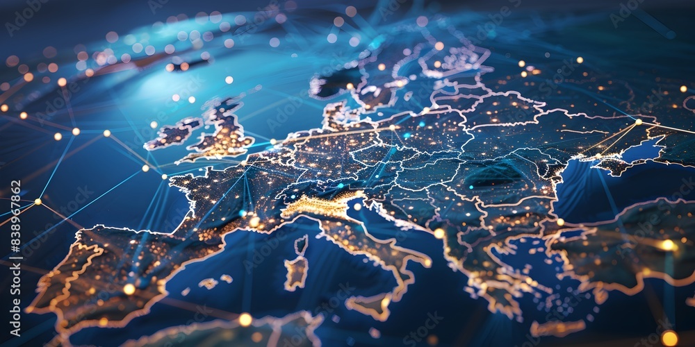 Poster a map of europe with glowing connections between cities representing global network and connectivity