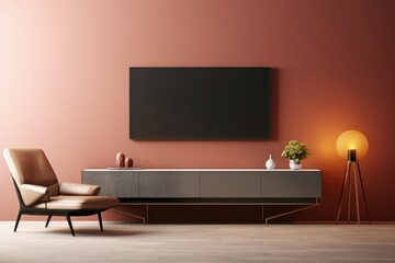 Elegant minimalist living room with wall-mounted tv and stylish furnishings against a warm colored wall