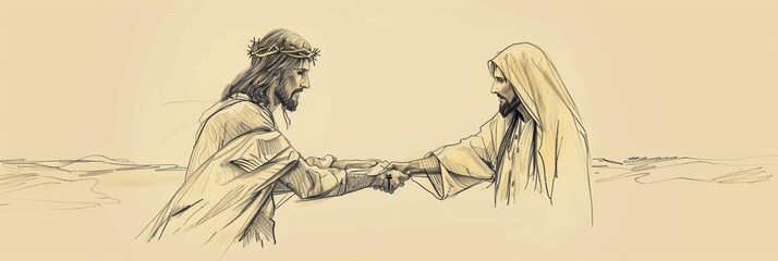 Obraz premium Jesus' Promise to the Repentant Thief on the Cross, Biblical Illustration of Mercy and Salvation, Ideal for Religious Banner,Christian banner