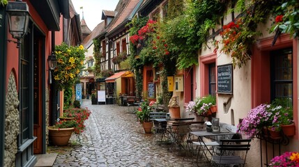 A quaint cobblestone street lined with charming cafes and flower-filled window boxes.