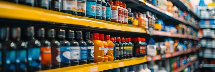 A close-up shot of several shelves in an auto parts store filled with various automotive products. The shelves are stocked with bottles and cans, ready for sale - Powered by Adobe