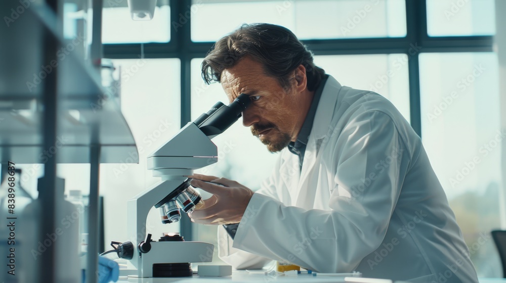 Poster the scientist working with microscope
