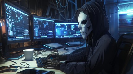 The masked hacker at workstation