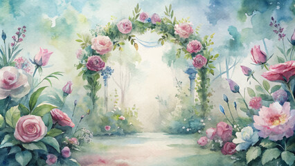 Watercolor background featuring floral arch decorations
