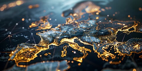 A map of Europe with glowing connections between cities representing global network and connectivity, symbolizing the telecommunication landscape in europe 
