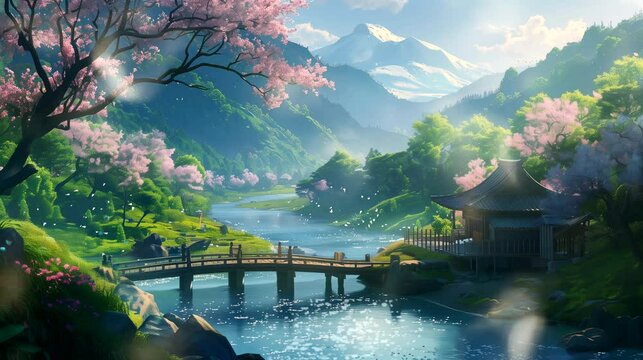 A tranquil Japanese garden with wooden bridge adorned by cherry blossoms. Anime or digital painting style, looping 4k video animation background