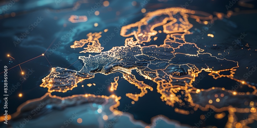 Poster a map of europe with glowing connections between cities representing global network and connectivity