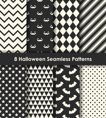 Set of 8 Halloween Seamless Patterns in Black and White. For wrapping paper, scrapbooking, fabric, background, package design, etc..