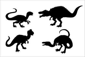 Black silhouette of carnivorous dinosaurs. Velociraptor, Acrocanthosaurus, Crylophosaurus and Coelophysis. Vector illustration.	