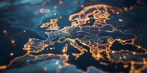 A map of Europe with glowing connections between cities representing global network and connectivity, symbolizing the telecommunication landscape in europe 
