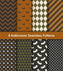 Set of 8 Halloween Seamless Patterns in modern earth tone colors. For wrapping paper, scrapbooking, fabric, background, package design, etc.