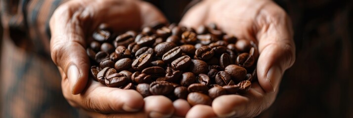 A close-up shot of a persons hands cupping a handful of roasted coffee beans. The beans are dark brown and glossy, with a rich aroma - Powered by Adobe