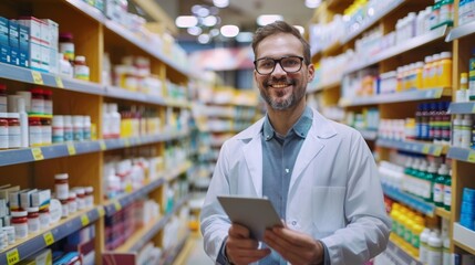 Fototapeta premium The smiling pharmacist with tablet
