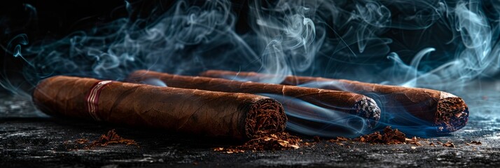 A close-up of three premium handcrafted cigars smoldering on a dark background, with wisps of smoke rising above them - Powered by Adobe