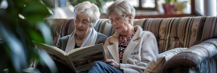Two senior women are comfortably sitting on a couch, engrossed in reading a book. The setting is cozy and relaxing, with soft lighting and comfortable furniture