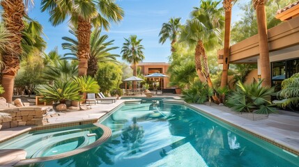 Fototapeta premium A secluded desert oasis with lush palm trees and a shimmering blue swimming pool.