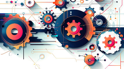 Obraz premium abstract vector illustration of gears and tech elements on a white background, with a pink