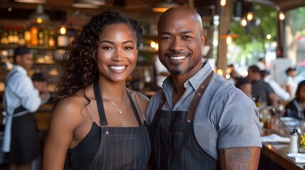 Smiling African American man and woman in aprons standing together in a cozy, warmly lit restaurant, exuding joy and hospitality.