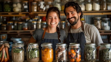 Smiling man and woman in aprons standing behind a counter with various preserved foods in jars, inside a cozy store or kitchen.