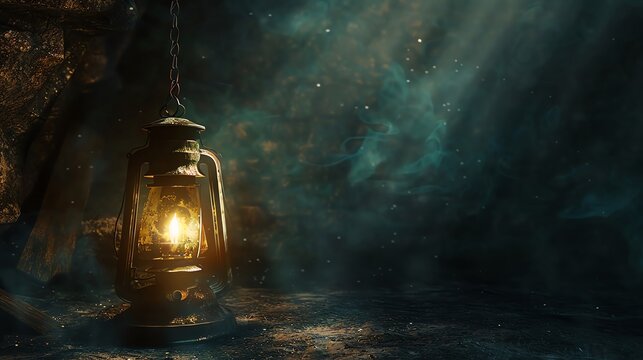 Old Lantern Emitting Soft, Enchanting Magic Light in a dark room, illuminating ancient artifacts