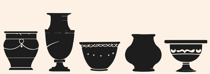Silhouettes of ancient Greek  vases with ornament. Vector illustrations of antique vases in trendy bohemian style. For poster design, wall, pattern, collage. 