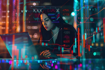 data analyst with trend chart hologram and woman on laptop interpreting, digital analytics, and evening overlay. generative ai