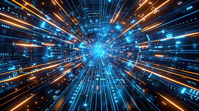 bstract futuristic digital technology background with blue and orange light streaks