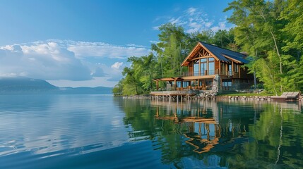 Obraz premium A serene lakeside resort with elegant cabins and kayaks for exploring the calm waters.