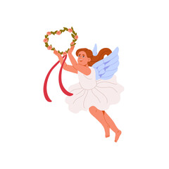 Cute baby angel carries floral wreath with heart shape. Happy cupid flying, holds flowers, romantic symbol of love in hands. St. Valentines Day. Flat isolated vector illustration on white background
