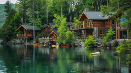 Fototapeta premium A serene lakeside resort with elegant cabins and kayaks for exploring the calm waters.