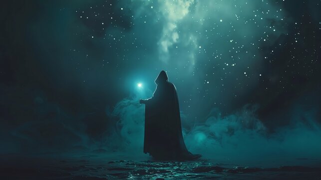 Sorcerer in a Dark Cloak Casting a Spell with a magic wand in a dark cave, showcasing their magical abilities