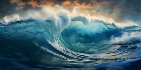 Fototapeta premium Vivid depiction of stormy sea with towering waves showcasing raw natural power. Concept Stormy Sea, Towering Waves, Raw Natural Power