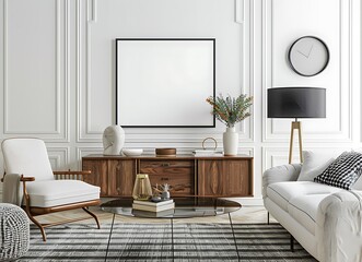 Luxury modern living room interior with elegant mock up poster frame on the wall, white sofa and armchair, wooden sideboard, black lamp, striped carpet and glass coffee table
