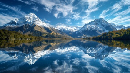 A serene mountain lake reflecting snow-capped peaks and a cloud-streaked sky.