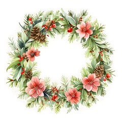 Fototapeta premium Watercolor Winter Christmas Flower Leaves Wreath