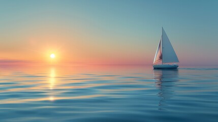A solitary sailboat gliding across calm waters towards a distant horizon.