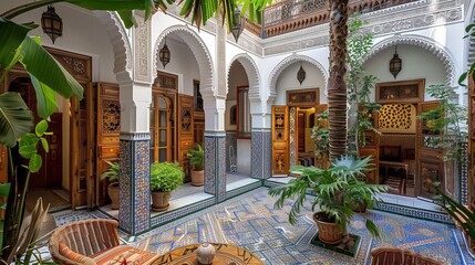 A traditional Moroccan riad with intricately carved wooden doors and vibrant tilework.