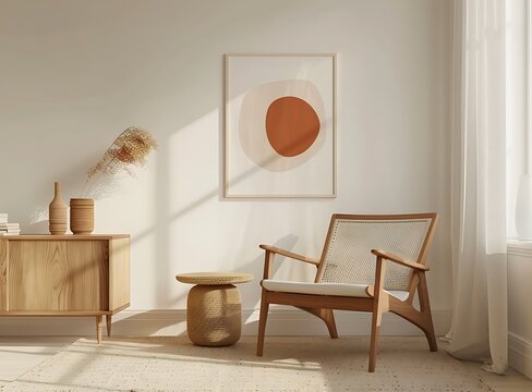 Midcentury modern interior design of a living room with a poster on the wall, an armchair and a wooden side table, a beige carpet, and minimalistic home decor in the scandinavian style